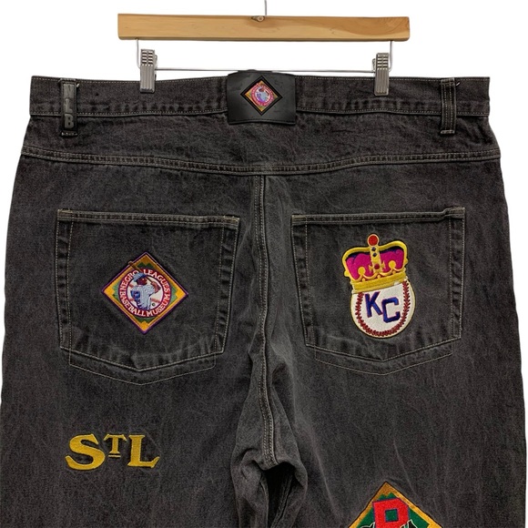 Negro League Baggy Fit Baseball Jeans 44 x 34 Embroidered Patches Black Grey * - Picture 8 of 14